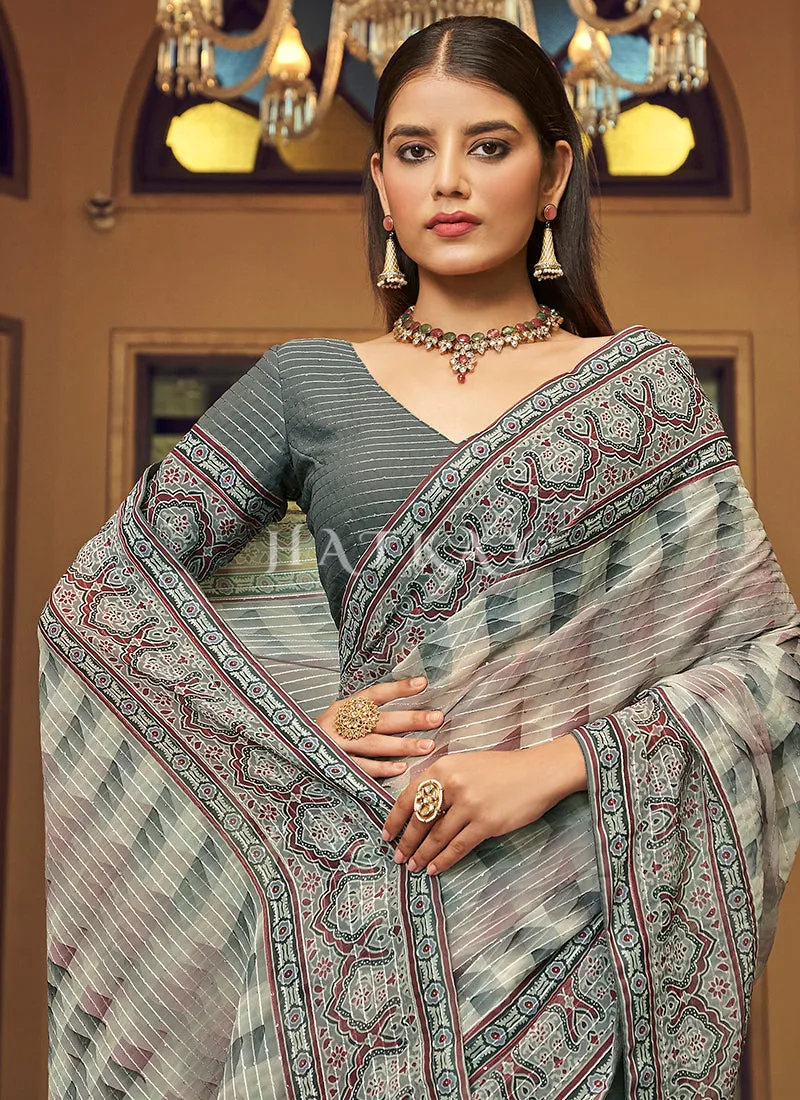 Slate Grey Sequence Printed Georgette Saree
