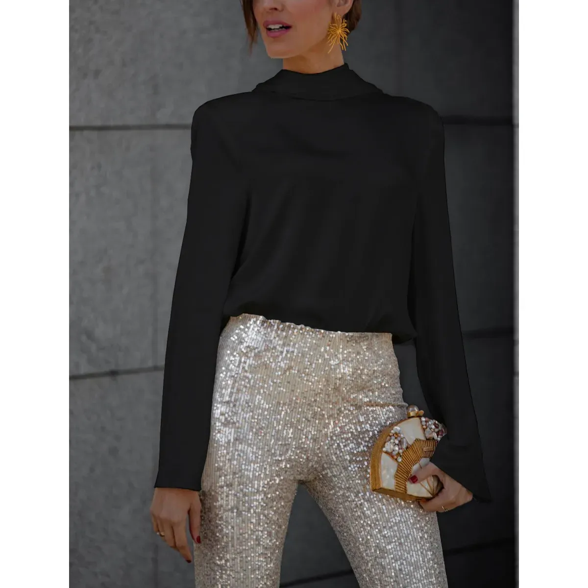 Sleek Escape High Neck Draped Back Long Sleeve Blouse