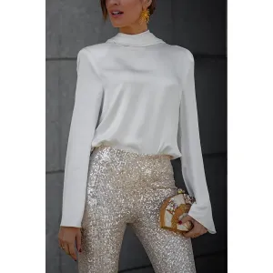 Sleek Escape High Neck Draped Back Long Sleeve Blouse