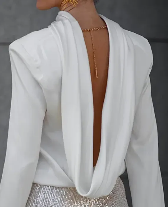 Sleek Escape High Neck Draped Back Long Sleeve Blouse