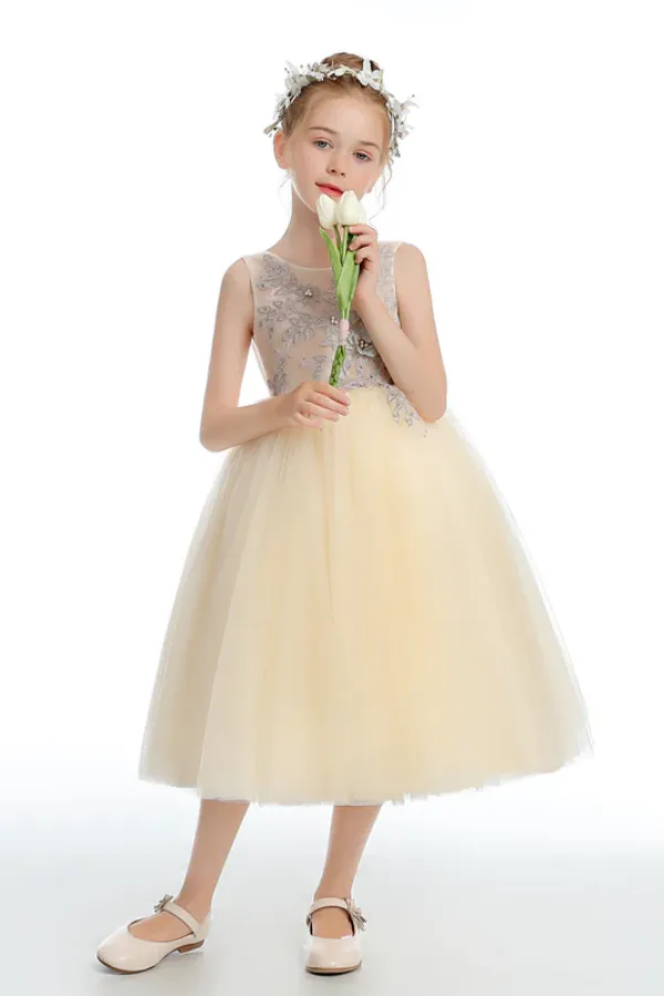 Sleeveless V Back Tulle Flower Girl Dresses APF0032