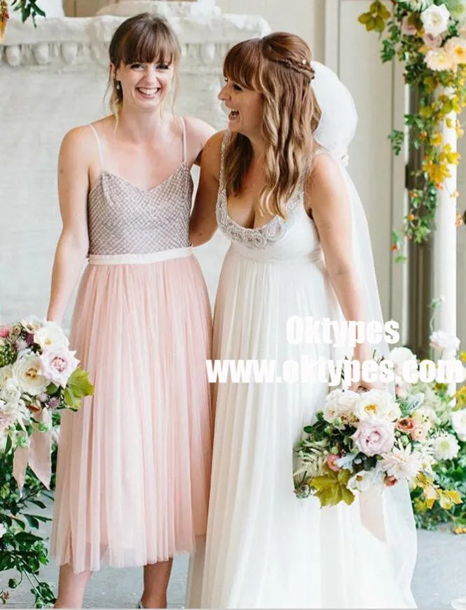 Spaghetti Straps Tea Length Pink Tulle Cheap Bridesmaid Dresses Online, TYP0991