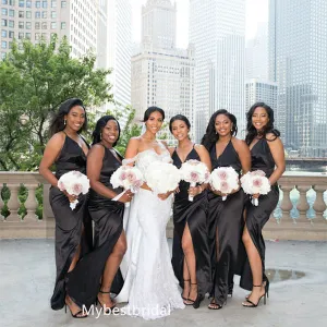 Spaghetti straps V-neck Side slit Floor-length Elegant Simple Long Bridesmaid Dressess, BDS0267
