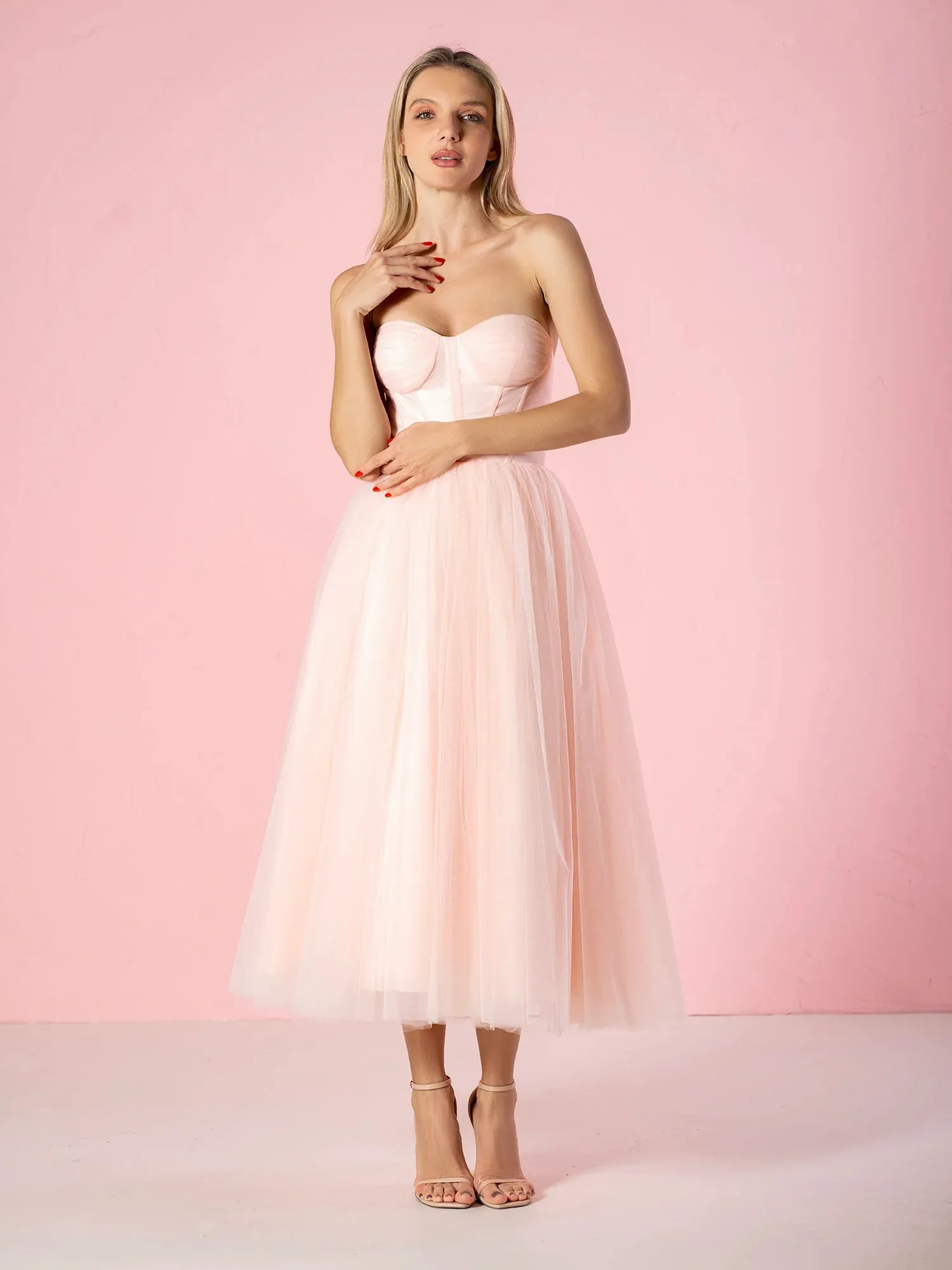 Strapless Puffy Midi Tulle Dress