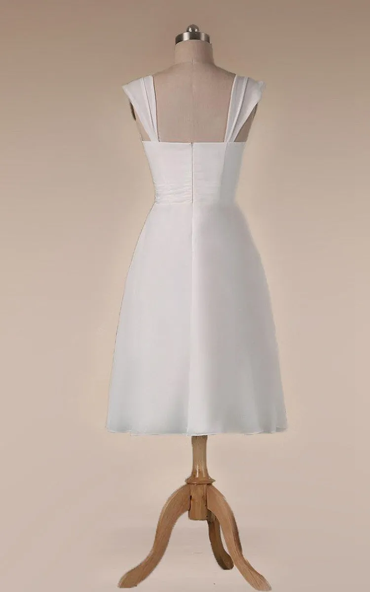 Straps Empire Waist Sheath Tea-Length Chiffon Wedding Dress-711148