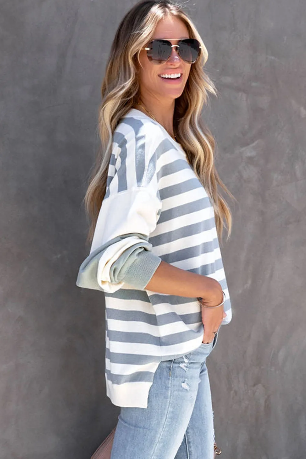 Stripe Drop Shoulder Striped Pullover Sweatshirt
