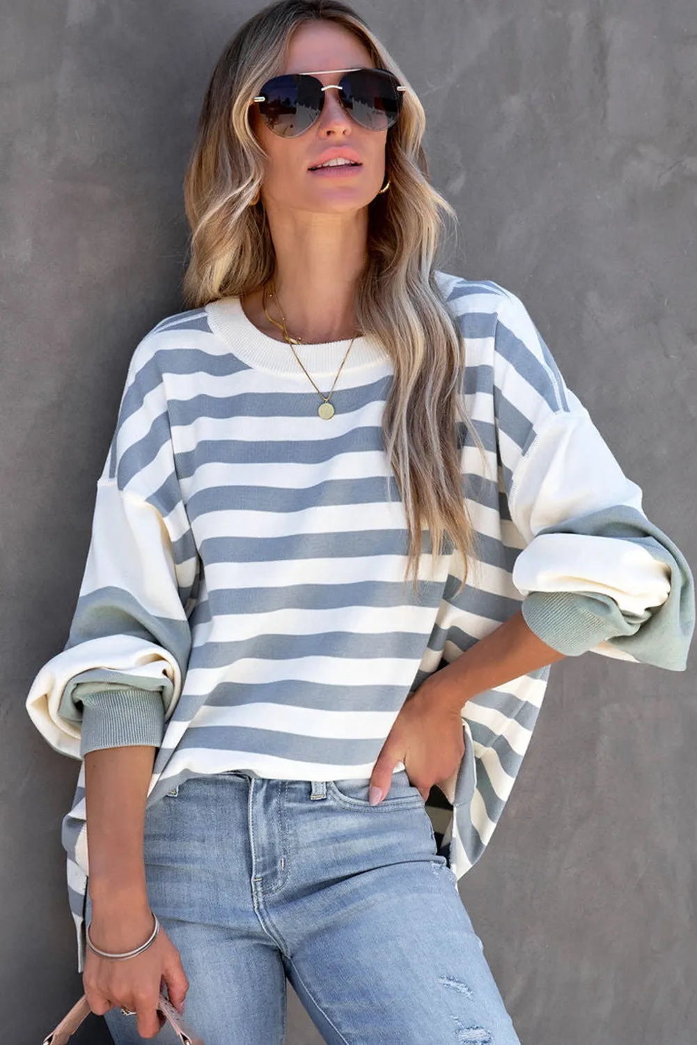 Stripe Drop Shoulder Striped Pullover Sweatshirt