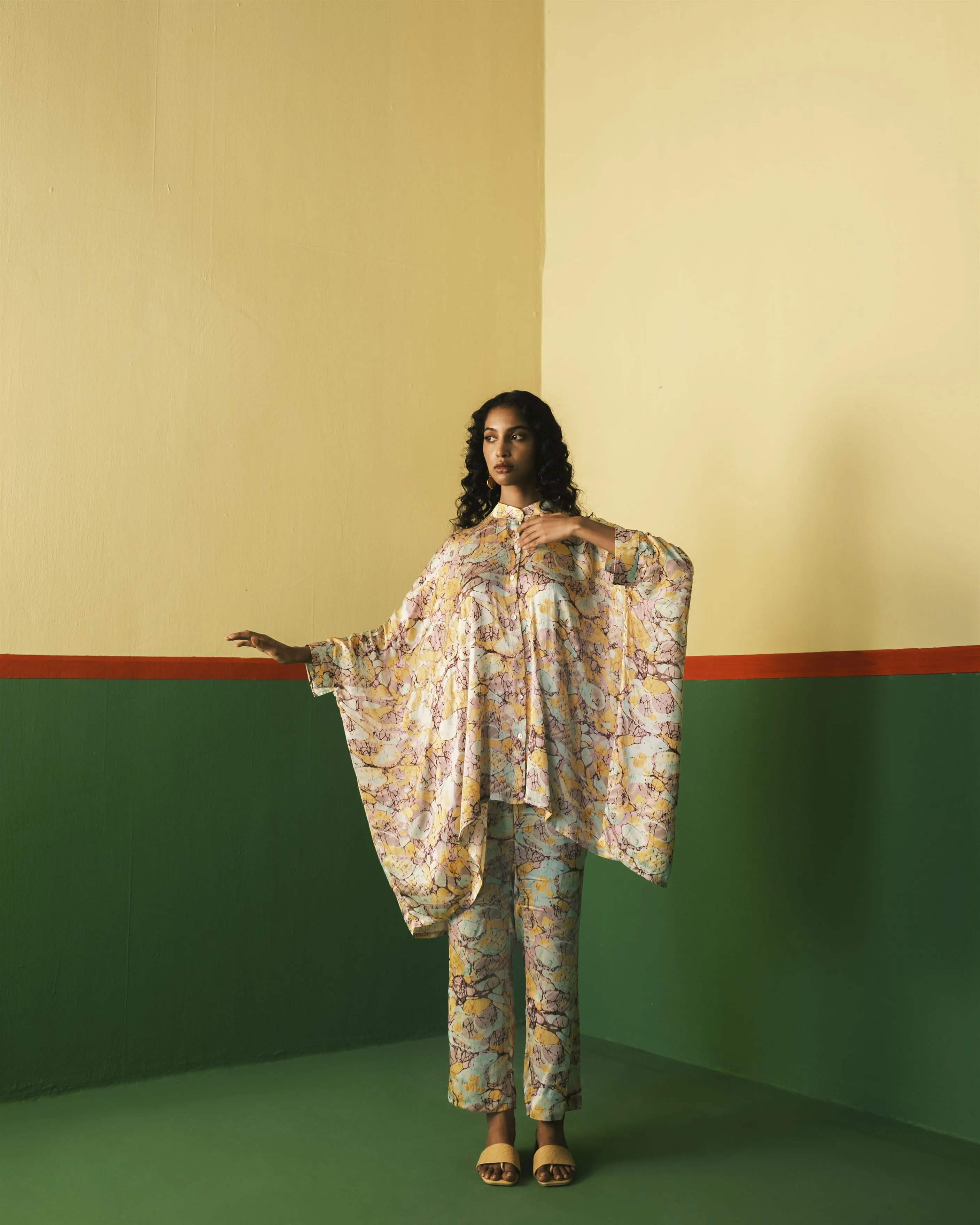 Studio Rigu   I   Mayfair Straight Trousers Digitally Printed Vegan Silk Yellow Marble Print Srch008