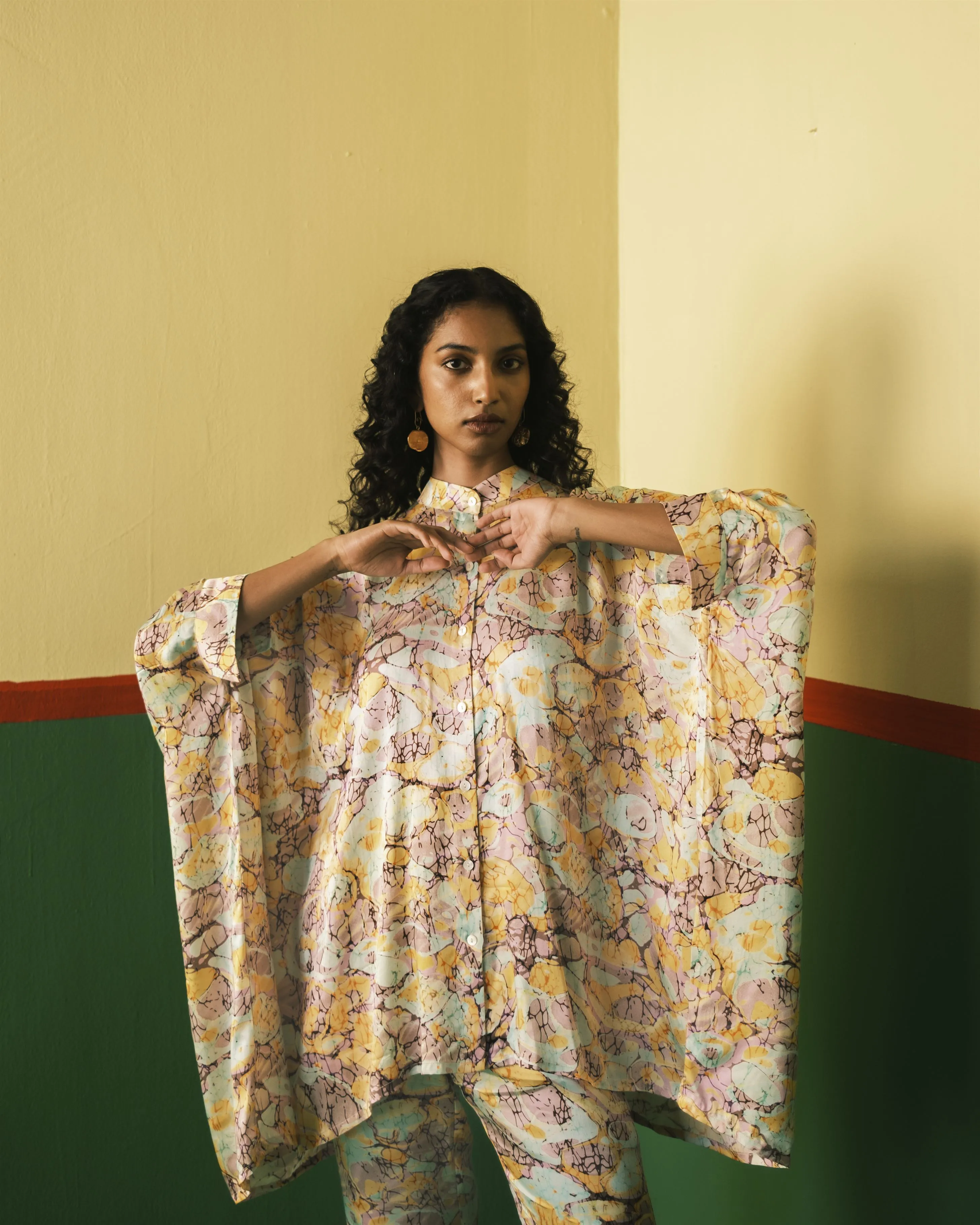 Studio Rigu   I   Mayfair Straight Trousers Digitally Printed Vegan Silk Yellow Marble Print Srch008