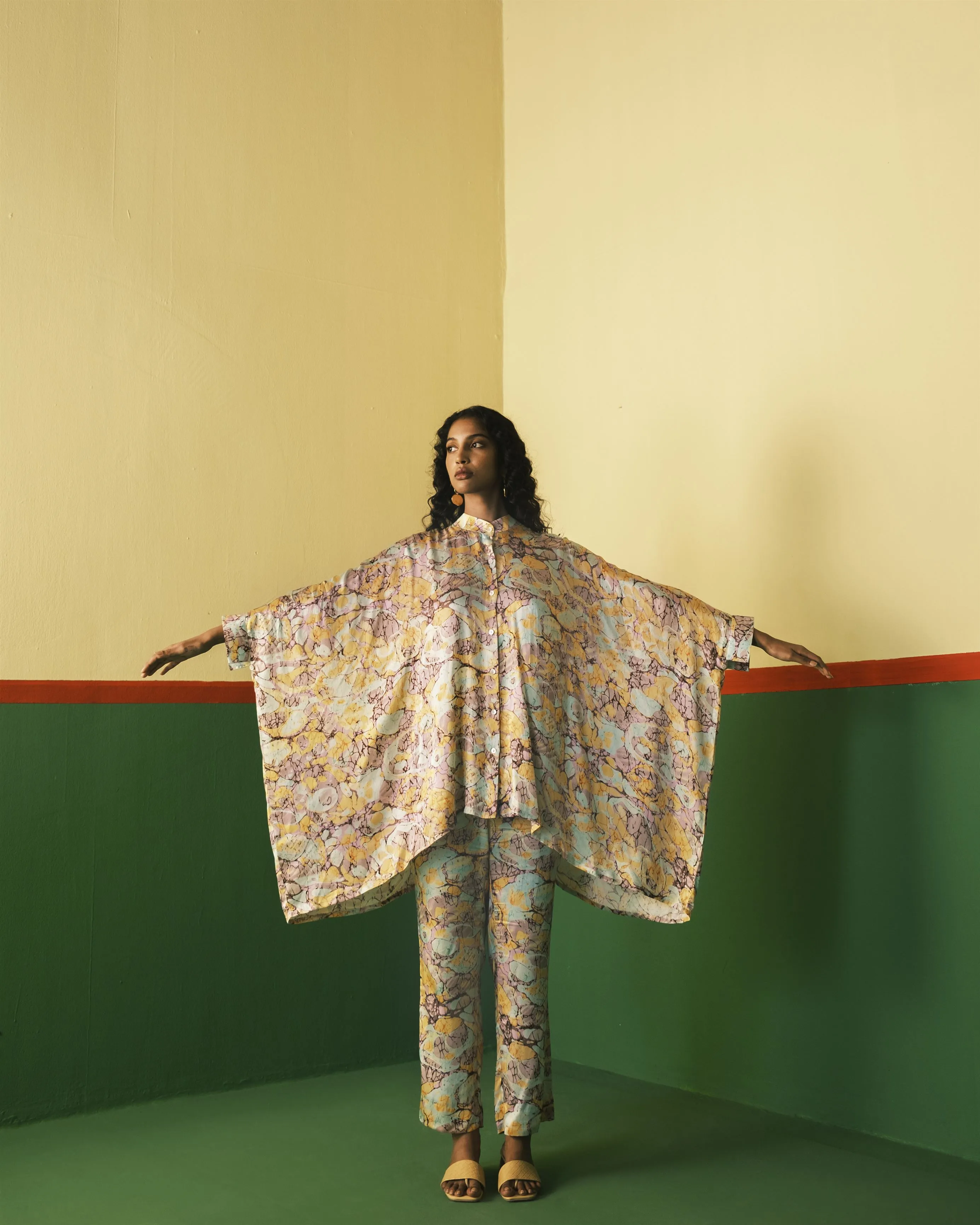 Studio Rigu   I   Mayfair Straight Trousers Digitally Printed Vegan Silk Yellow Marble Print Srch008