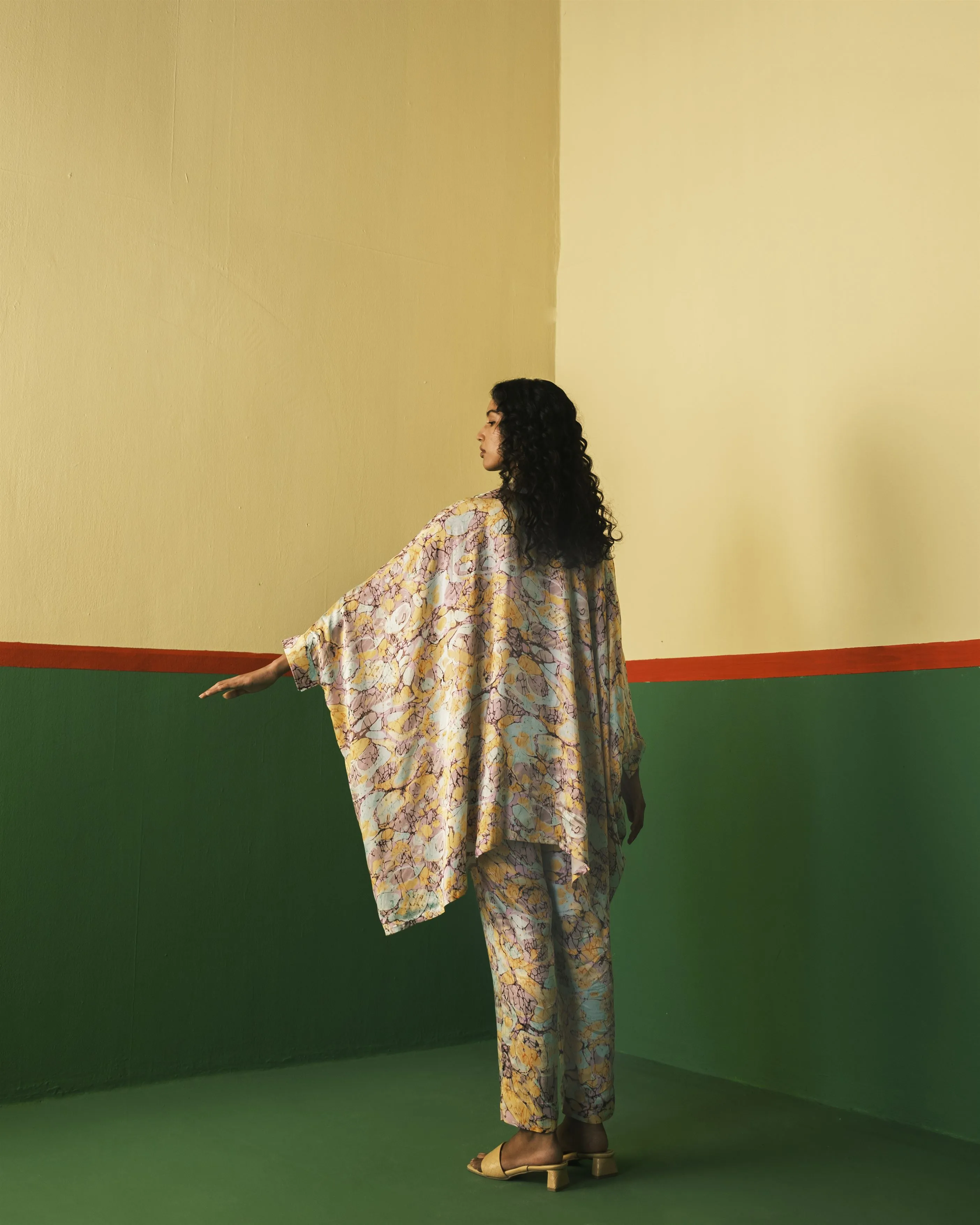 Studio Rigu   I   Mayfair Straight Trousers Digitally Printed Vegan Silk Yellow Marble Print Srch008