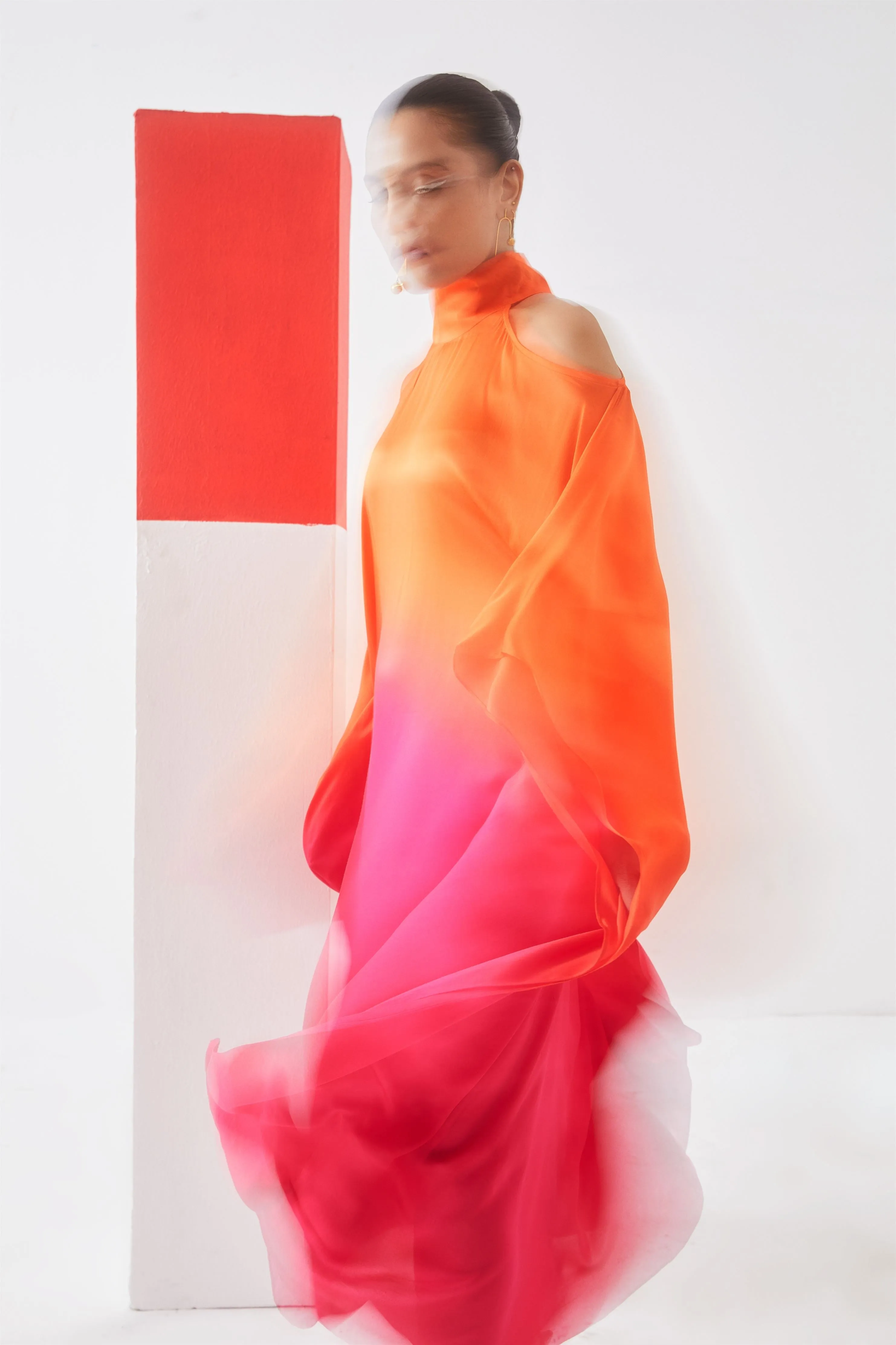 Studio Rigu Lazareva Leheriya Round Collar Dress (Orange/ Pink Ombre) Tie Dye Vegan Silk Arcadia Collection