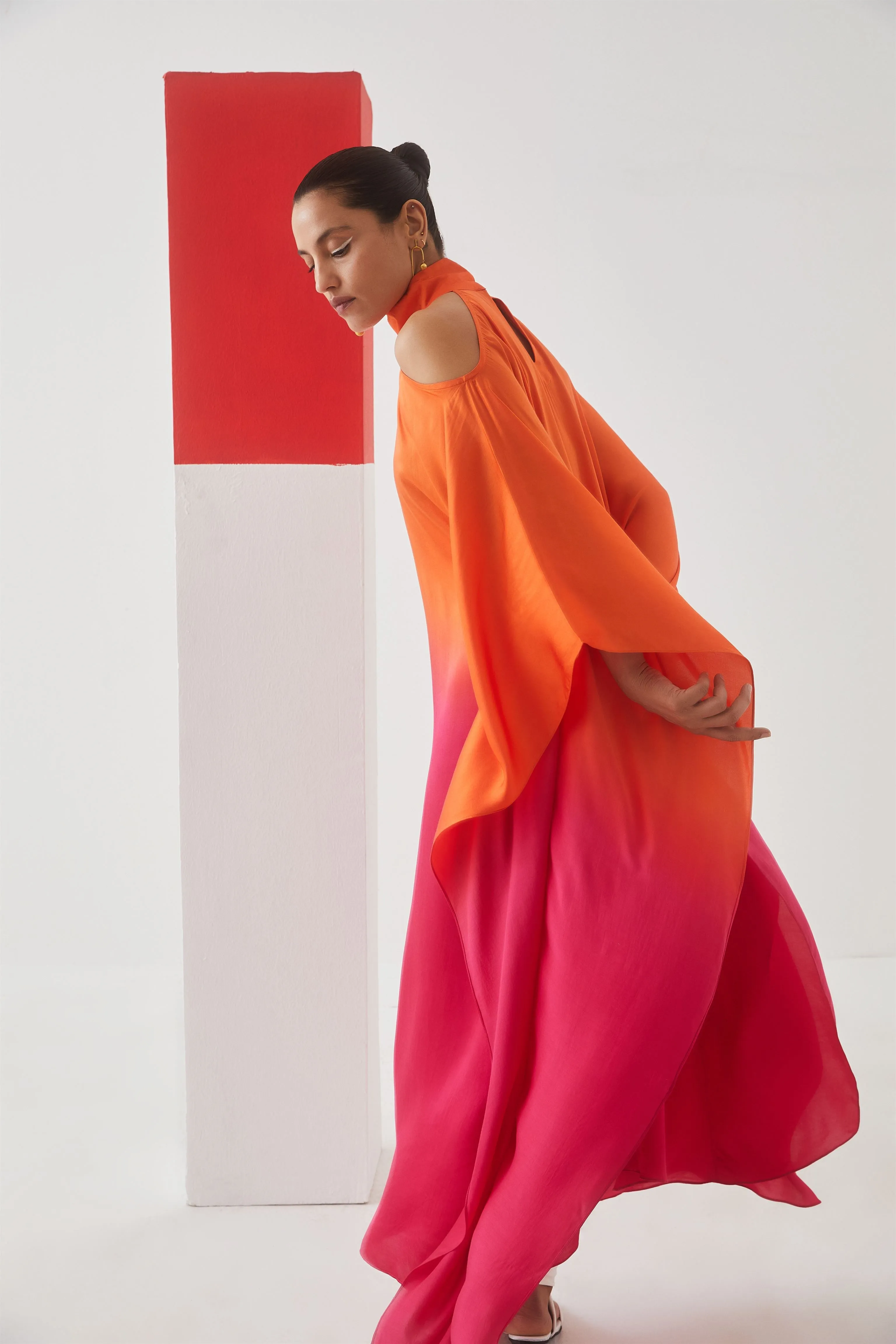 Studio Rigu Lazareva Leheriya Round Collar Dress (Orange/ Pink Ombre) Tie Dye Vegan Silk Arcadia Collection