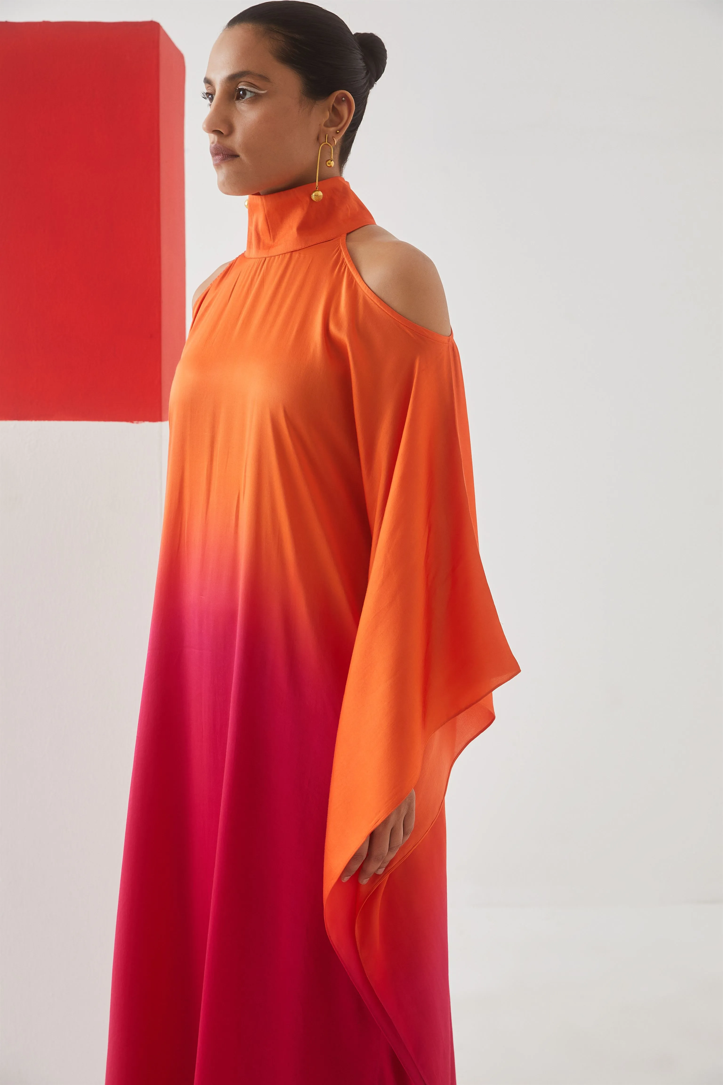 Studio Rigu Lazareva Leheriya Round Collar Dress (Orange/ Pink Ombre) Tie Dye Vegan Silk Arcadia Collection