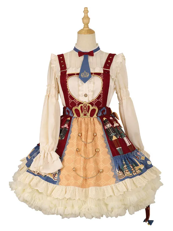 Sweet Lolita JSK Dress Tie 2-Piece Set Burgundy Polyester Sleeveless Lolita Jumper Skirt Outfit