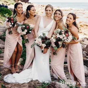 Sweetheart Charming Pink Chiffon Front Slit Long Cheap Floor-Length Bridesmaid Dresses, BDS0050