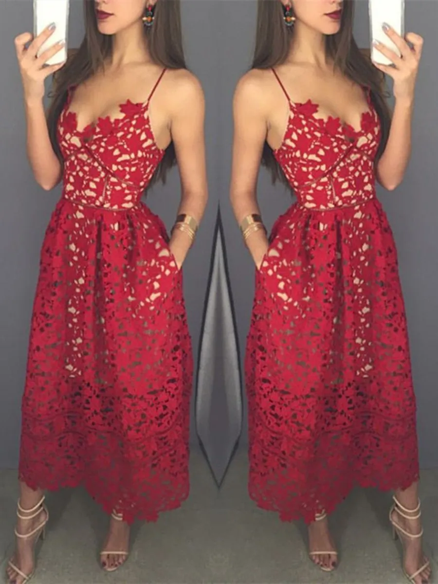 Sweetheart Neck Tea Length Red Lace Prom Dress with Spaghetti Straps, Red Lace Formal Dress, Graduation Dress