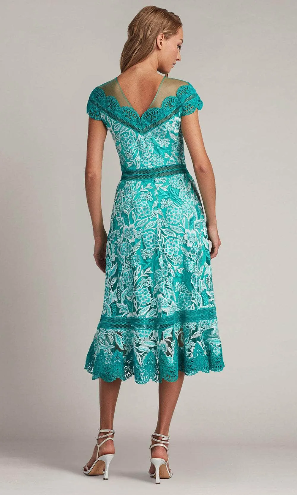 Tadashi Shoji CDP24054MD - Scalloped Lace Tea-Length Evening Dress