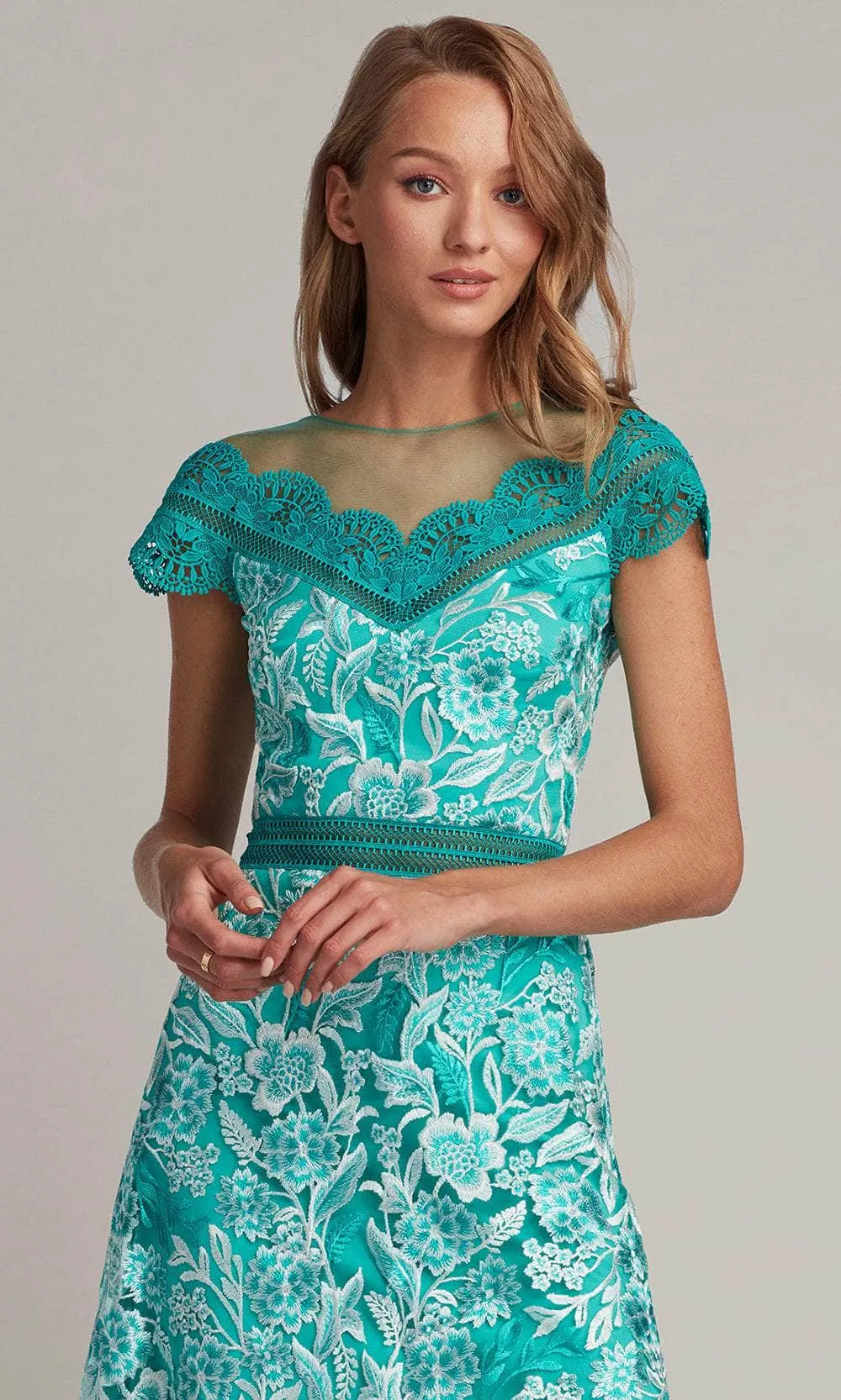 Tadashi Shoji CDP24054MD - Scalloped Lace Tea-Length Evening Dress