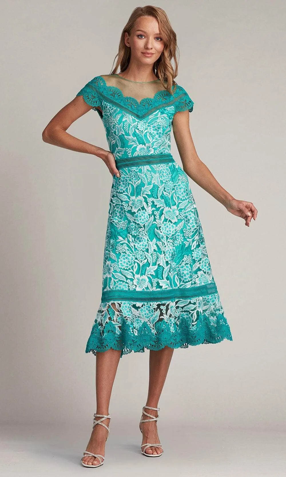 Tadashi Shoji CDP24054MD - Scalloped Lace Tea-Length Evening Dress