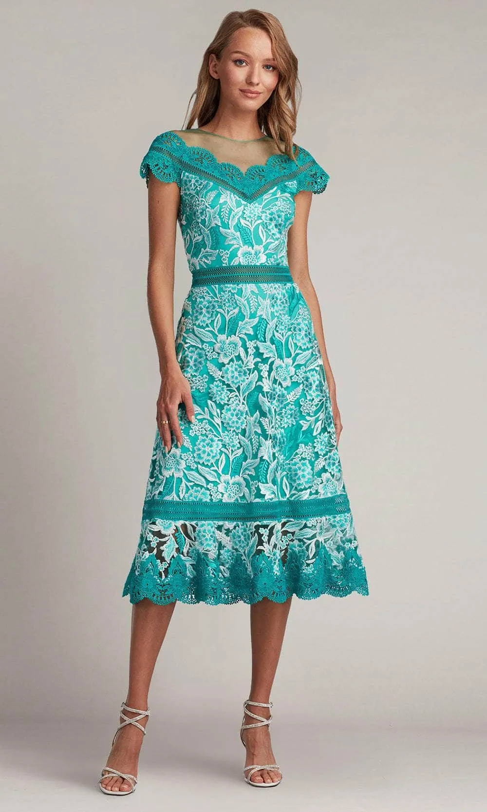 Tadashi Shoji CDP24054MD - Scalloped Lace Tea-Length Evening Dress