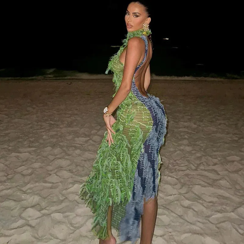 Tassel Halter Back See Through Party Dress