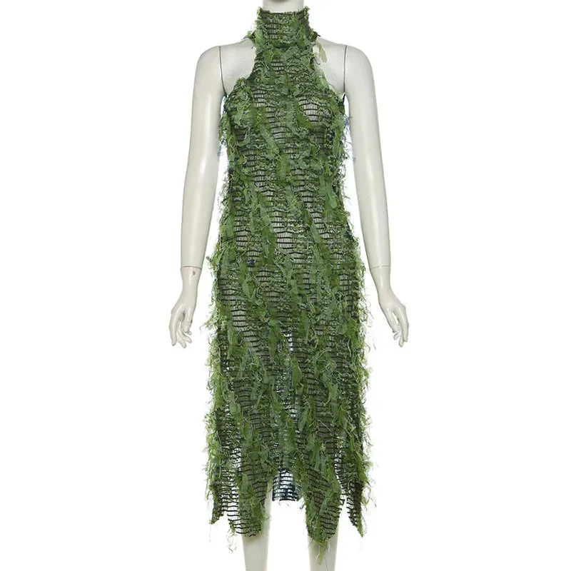 Tassel Halter Back See Through Party Dress