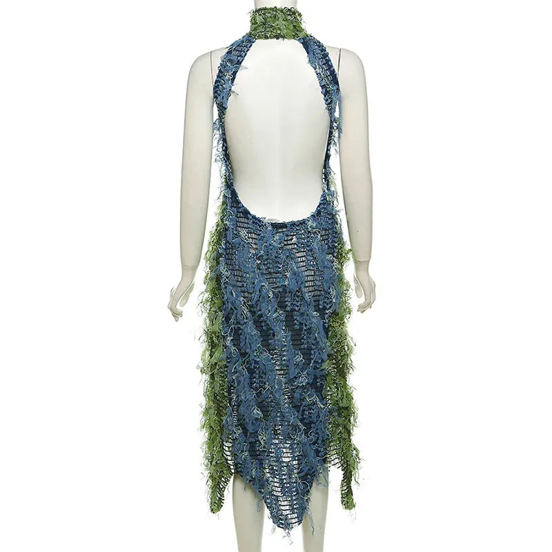 Tassel Halter Back See Through Party Dress