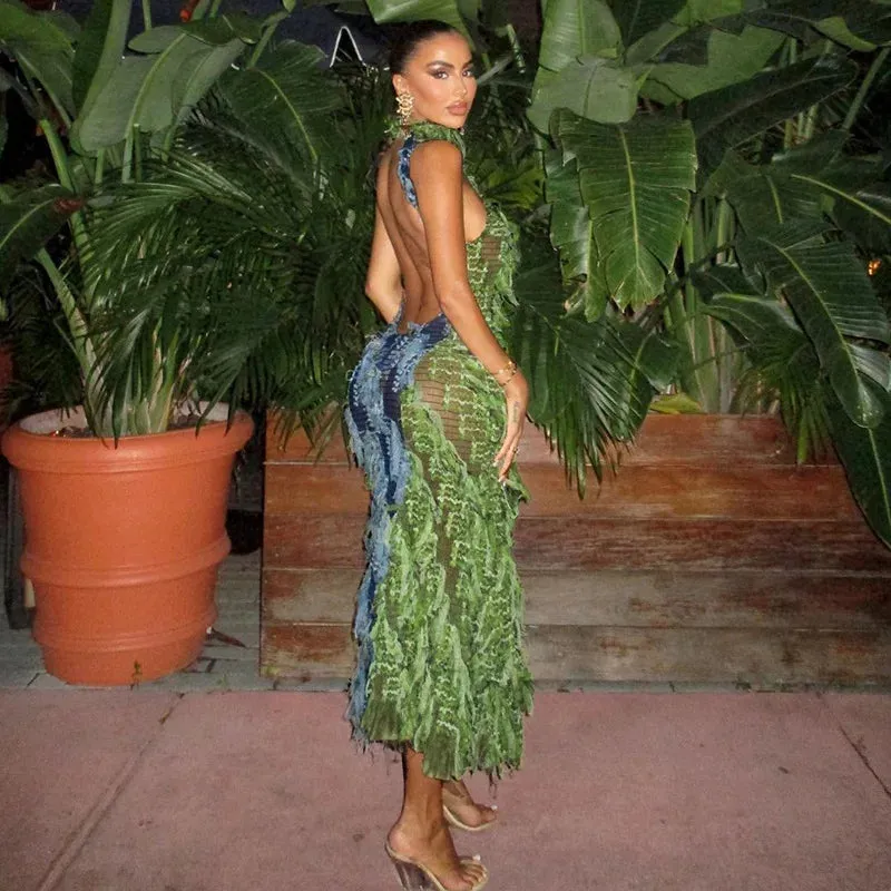 Tassel Halter Back See Through Party Dress