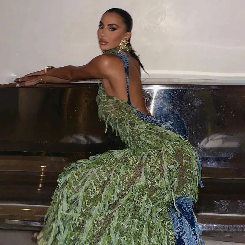 Tassel Halter Back See Through Party Dress