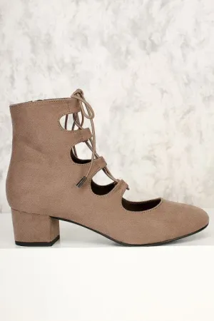 Taupe chunky heel booties