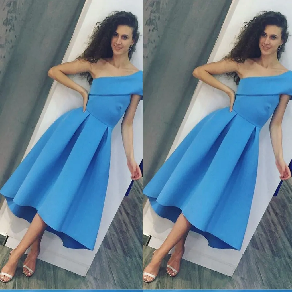 Tea Length Blue One Shoulder Prom Dresses,Formal Occasion Dress,New Evening Dress,PDY0301
