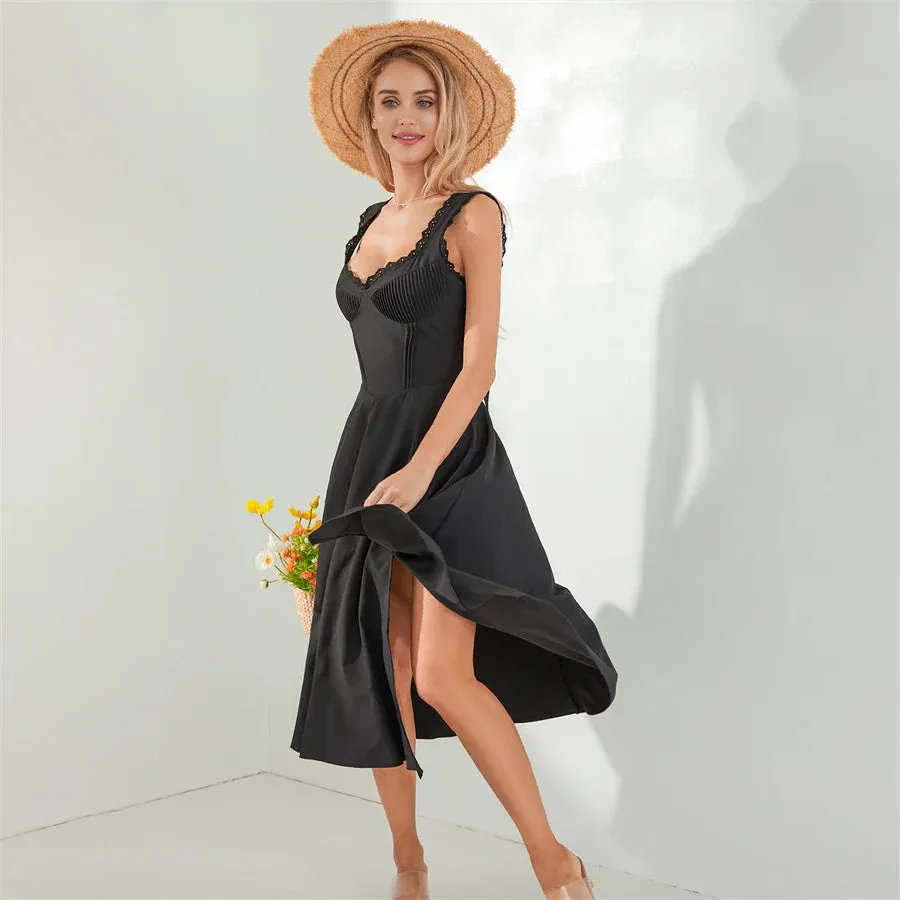 Tea Party Solid A-Line Bustier Tea Dress with Slit Sid