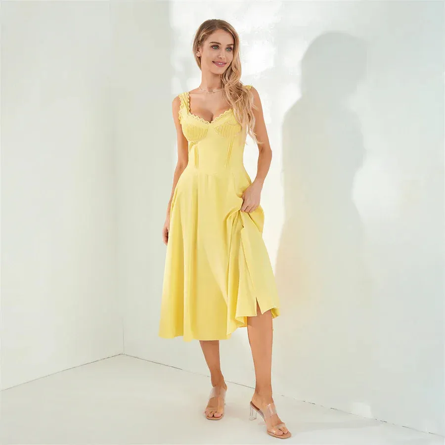 Tea Party Solid A-Line Bustier Tea Dress with Slit Sid