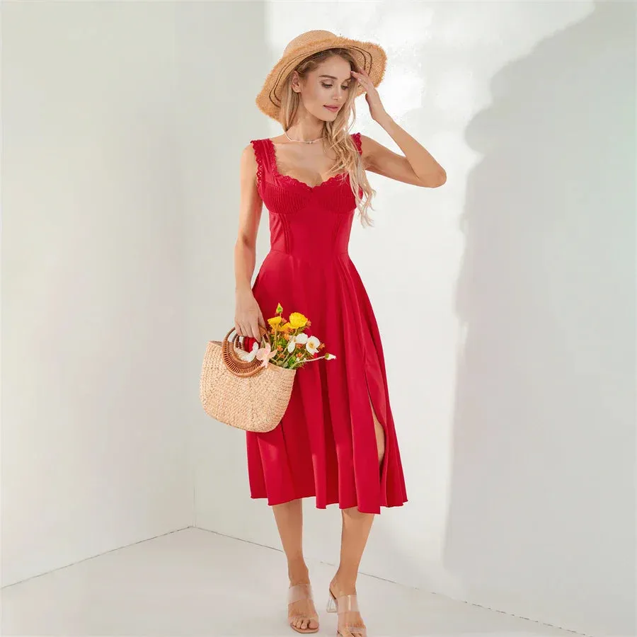 Tea Party Solid A-Line Bustier Tea Dress with Slit Sid