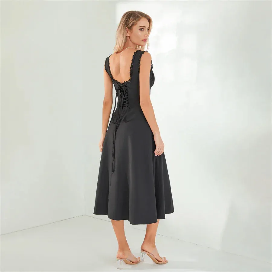 Tea Party Solid A-Line Bustier Tea Dress with Slit Sid