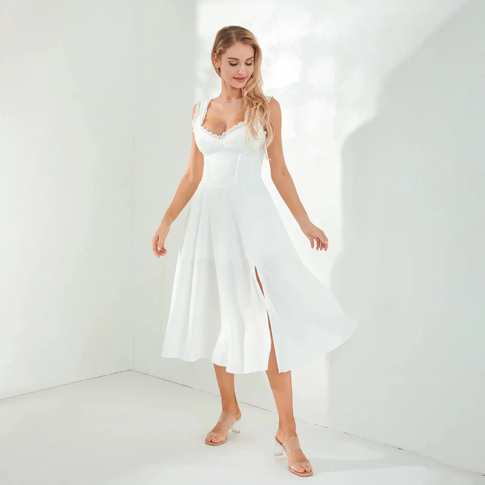 Tea Party Solid A-Line Bustier Tea Dress with Slit Sid