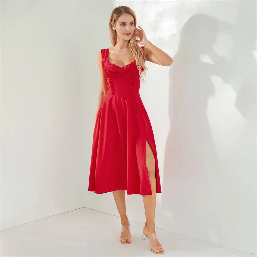 Tea Party Solid A-Line Bustier Tea Dress with Slit Sid