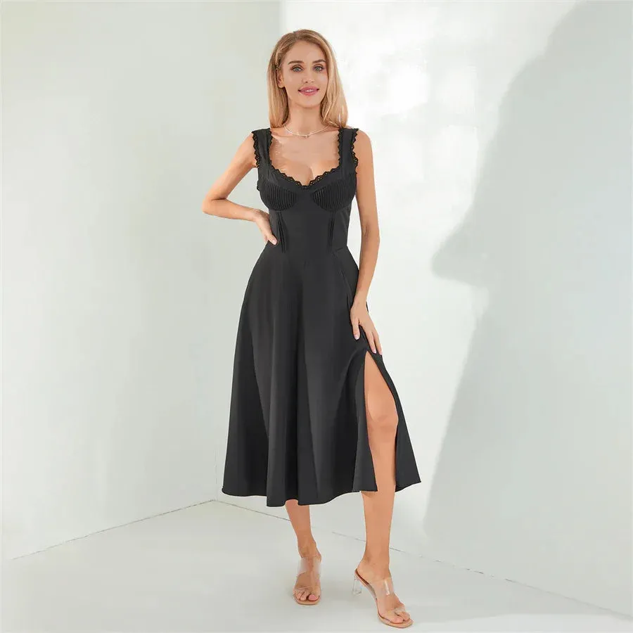 Tea Party Solid A-Line Bustier Tea Dress with Slit Sid