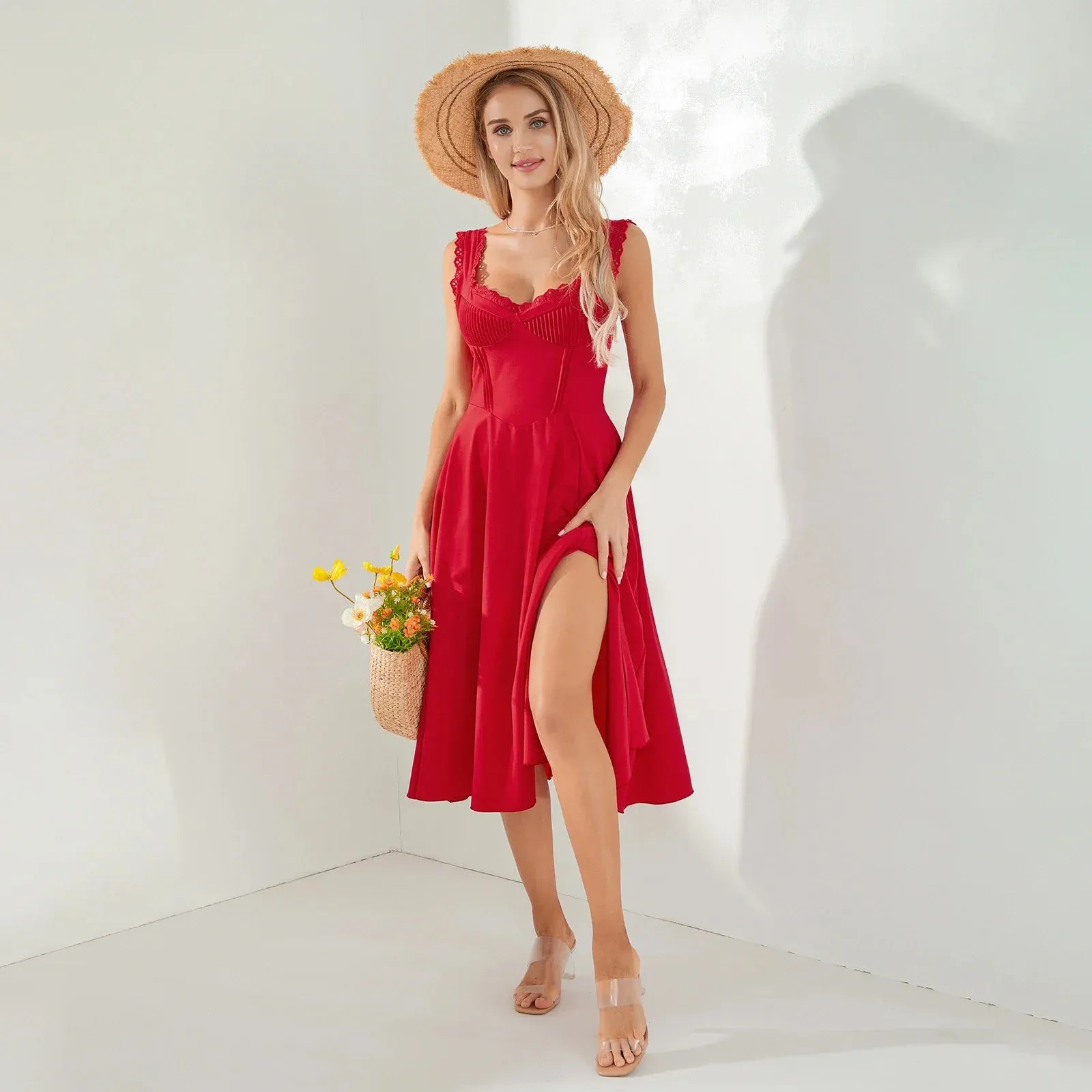 Tea Party Solid A-Line Bustier Tea Dress with Slit Sid