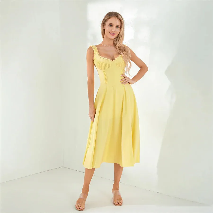 Tea Party Solid A-Line Bustier Tea Dress with Slit Sid