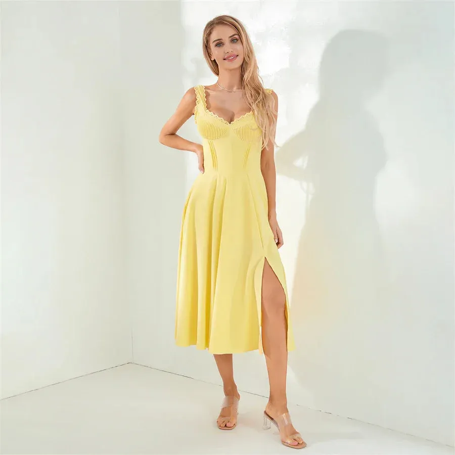 Tea Party Solid A-Line Bustier Tea Dress with Slit Sid