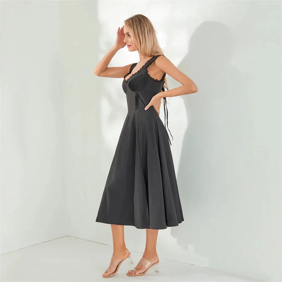 Tea Party Solid A-Line Bustier Tea Dress with Slit Sid