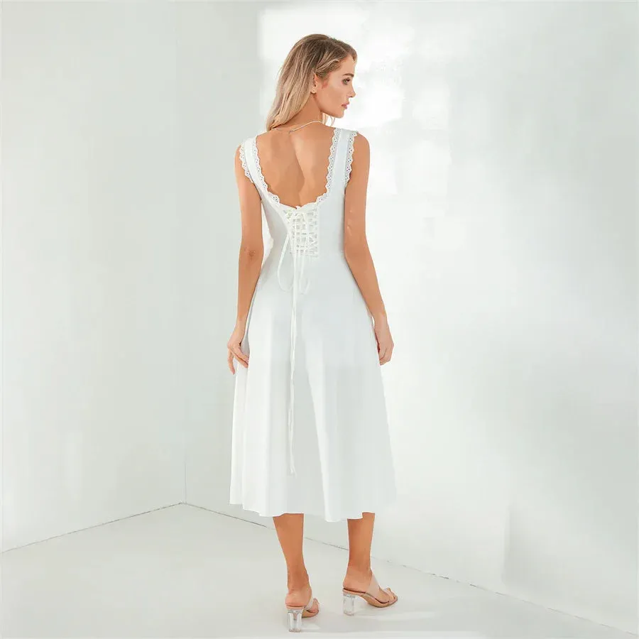 Tea Party Solid A-Line Bustier Tea Dress with Slit Sid