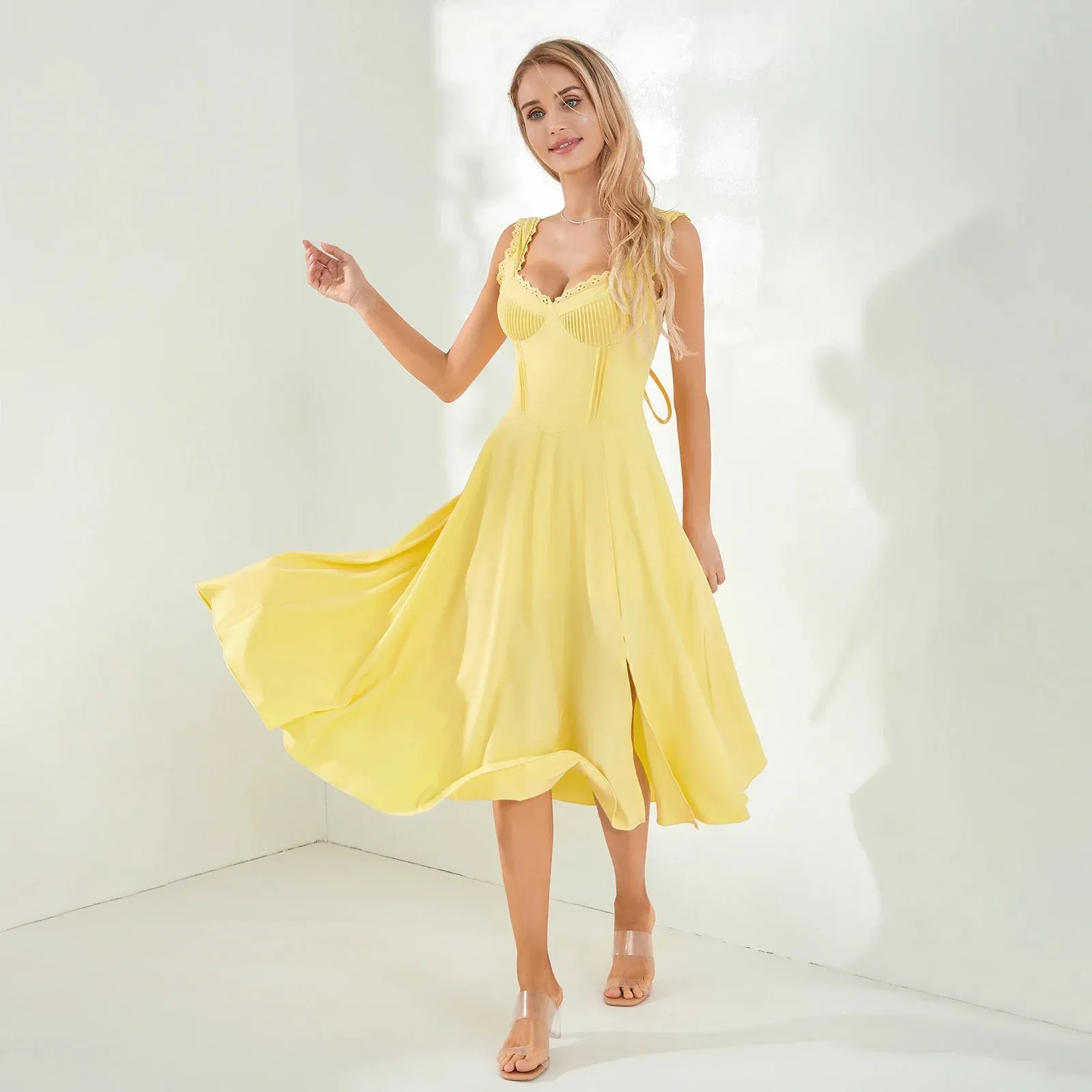 Tea Party Solid A-Line Bustier Tea Dress with Slit Sid