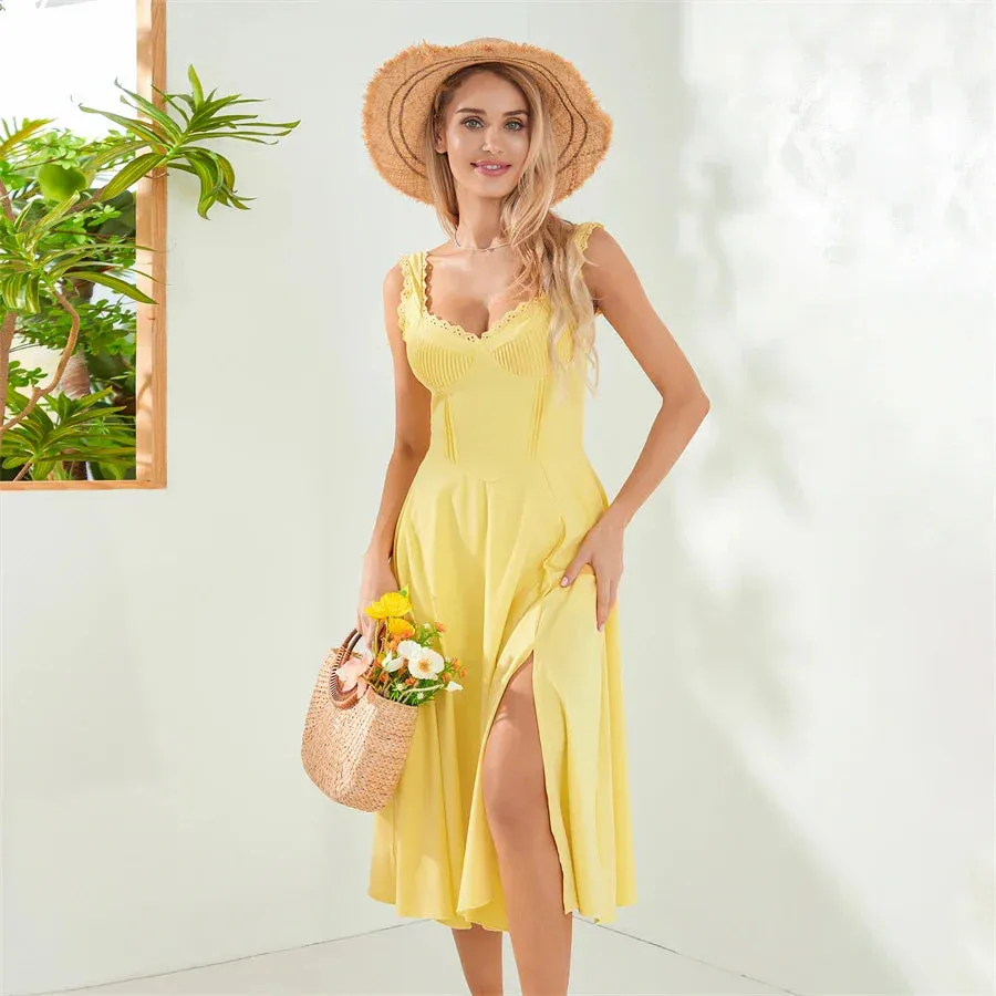 Tea Party Solid A-Line Bustier Tea Dress with Slit Sid