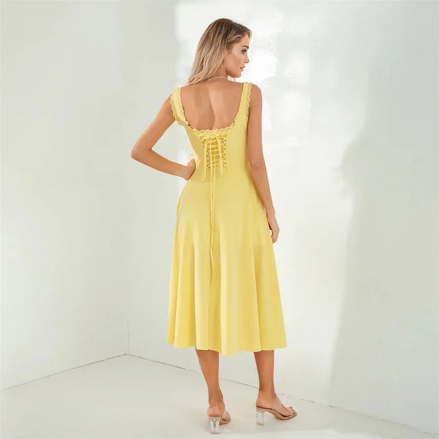 Tea Party Solid A-Line Bustier Tea Dress with Slit Sid