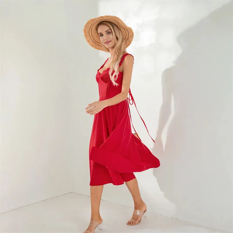 Tea Party Solid A-Line Bustier Tea Dress with Slit Sid