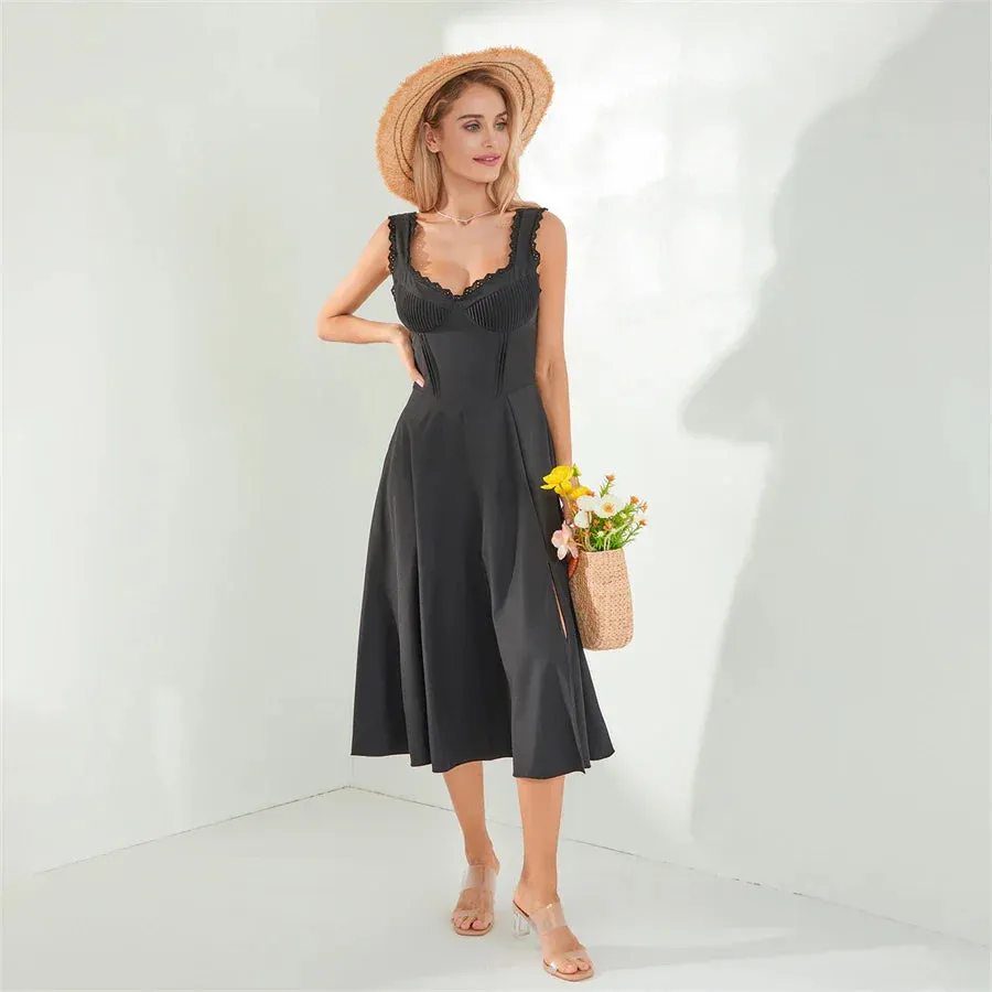 Tea Party Solid A-Line Bustier Tea Dress with Slit Sid
