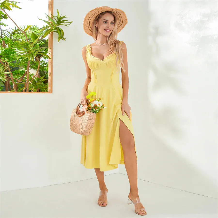 Tea Party Solid A-Line Bustier Tea Dress with Slit Sid
